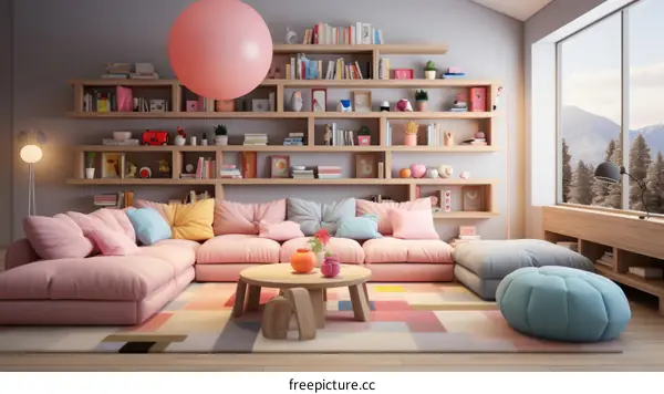 A pink living room with a large pink balloon