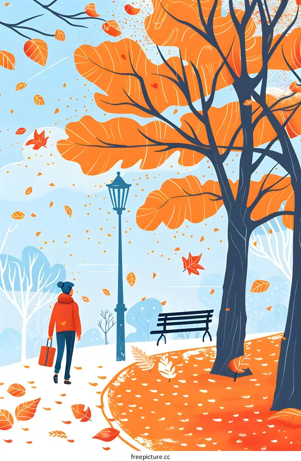 Autumn Landscape with a Woman Walking in Park