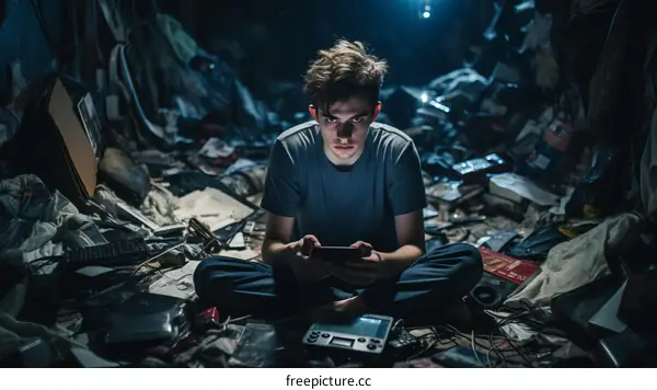 Young Man Sits in Junkyard Scrolling on Smartphone