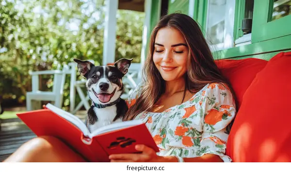 Woman and Dog Reading a Book Outdoors