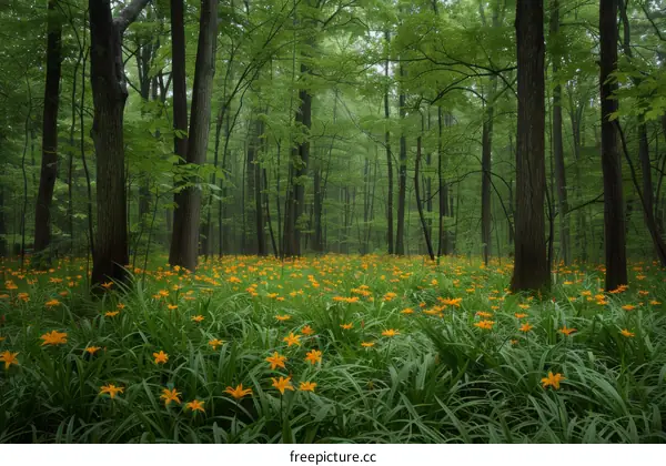 A lush green forest with a vibrant carpet of yellow flowers