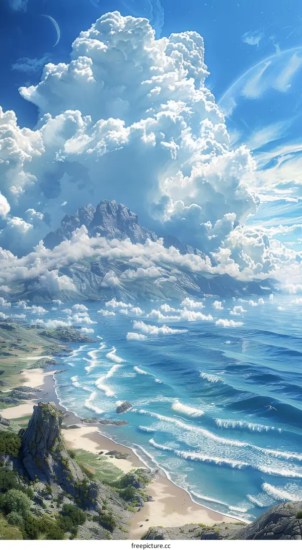 Epic Fantasy Landscape with Beach, Mountain, and Wave