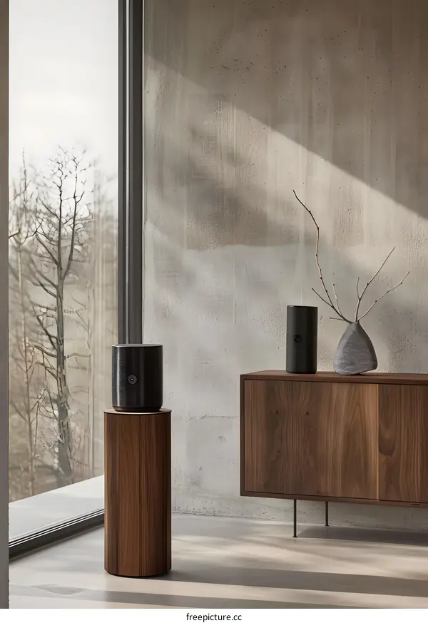 Modern Home Interior Design with Black Speaker on Wooden Stand and Wooden Cabinet