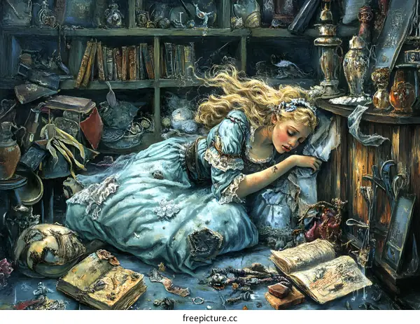 Sleeping Beauty in a Magical Room with Books and Objects