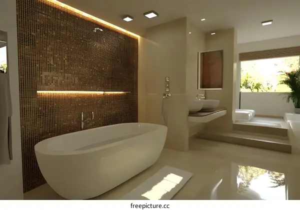 Modern Bathroom Interior Design with Bathtub and Tile Wall