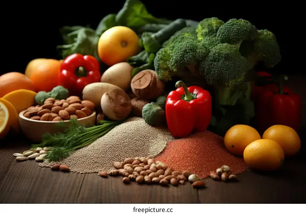Assortment of Fresh Vegetables and Fruits on a Wooden Table