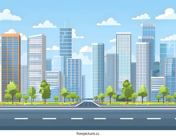 Modern Cityscape Skyline With Road And Trees Illustration