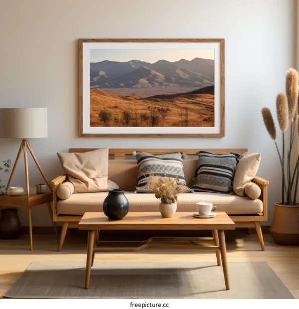 Modern living room interior with sofa and mountain landscape picture