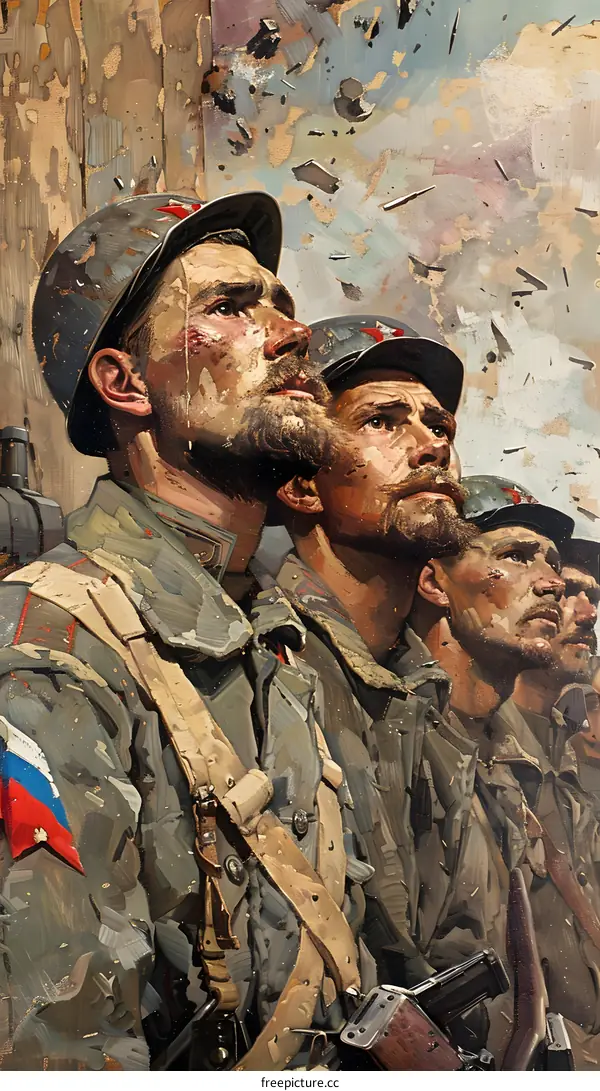 Four soldiers staring at the sky in the middle of the battlefield