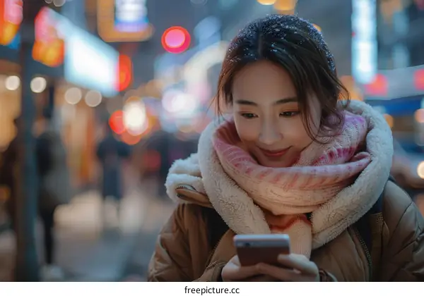 A young woman is using her phone while walking down a crowded street.