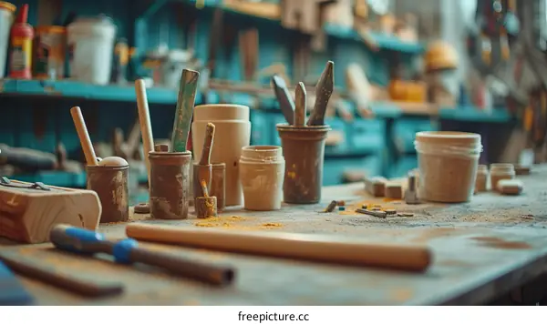A variety of woodworking tools are arranged on a workbench in a wood shop.