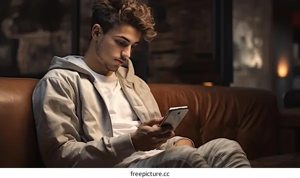 Young Man Using Phone on Couch