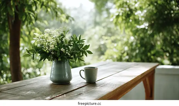 Rustic Wooden Table with Flowers and a Cup