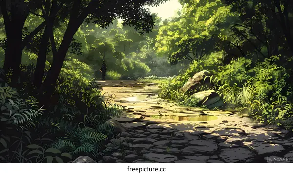 man walking on stone road in lush green forest