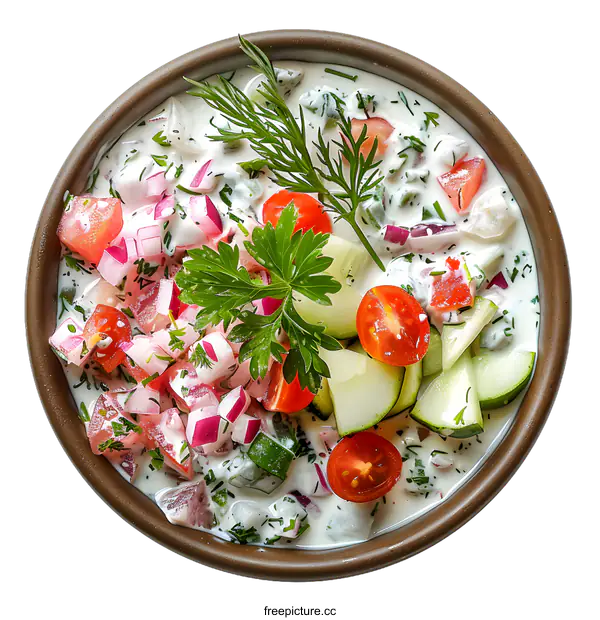 [Transparent Background PNG]Fresh cucumber and tomato salad with dill and sour cream