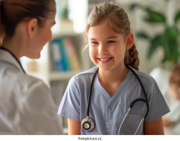 Little girl dressed as a doctor smiling at another person