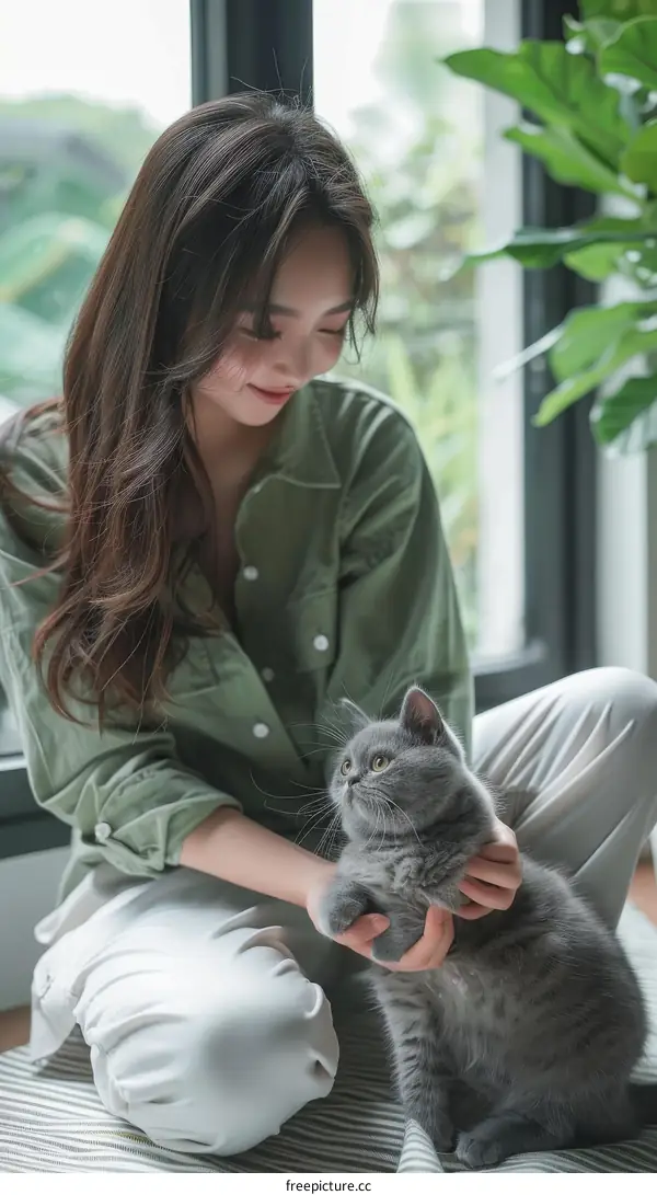 A young woman is playing with a British shorthair cat