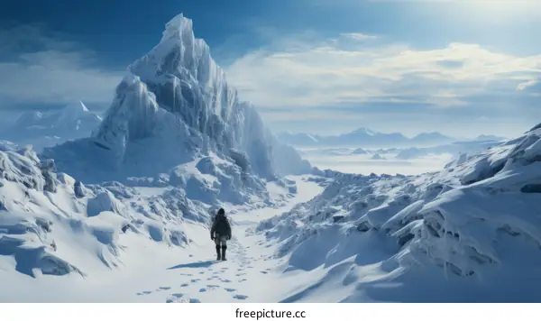 Man walking in snow toward icy mountain peak