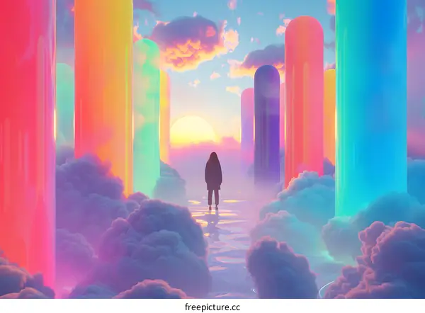 Woman standing amidst colorful pillars above clouds