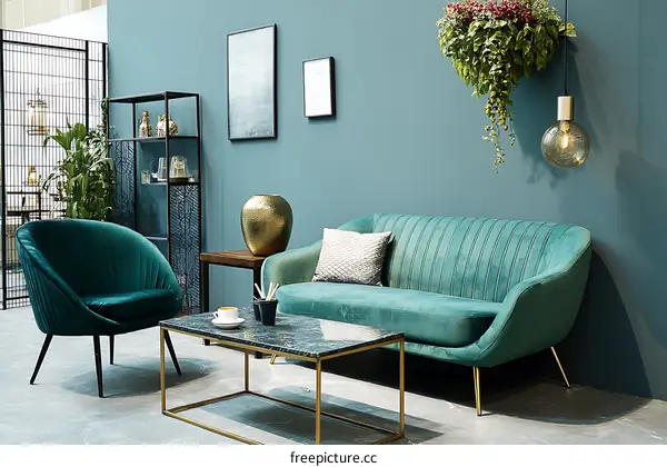 Teal Velvet Sofa and Armchair Living Room