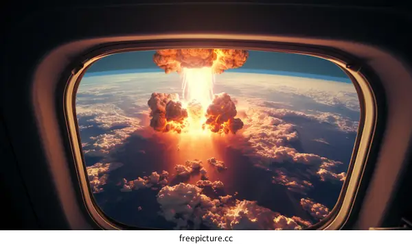 A nuclear explosion seen from the window of an airplane