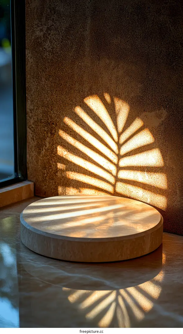 Empty Round Wooden Display Stand with Sunlight Shadow