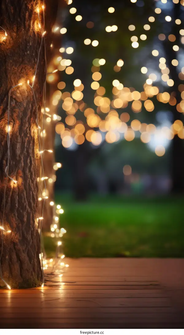 String Lights Hanging from Tree Trunk in a Garden at Dusk