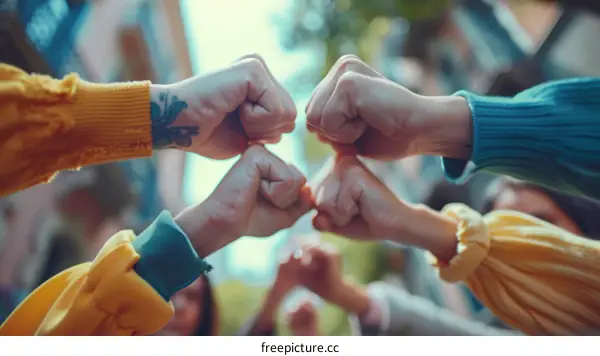 A group of people of different ethnicities joining their fists together in unity and strength