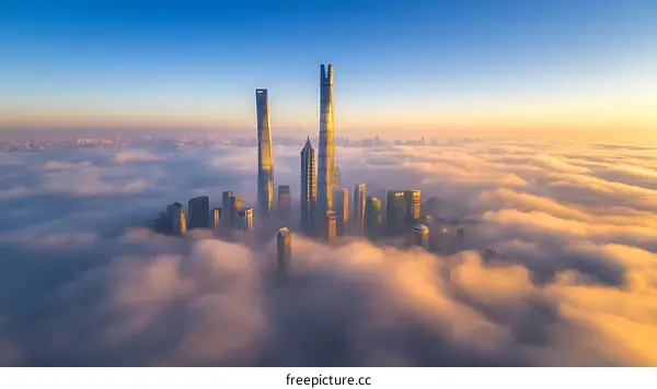 Shanghai Skyline Piercing the Clouds at Sunrise