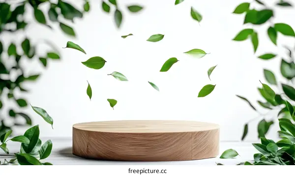 Wooden Display Podium with Falling Leaves