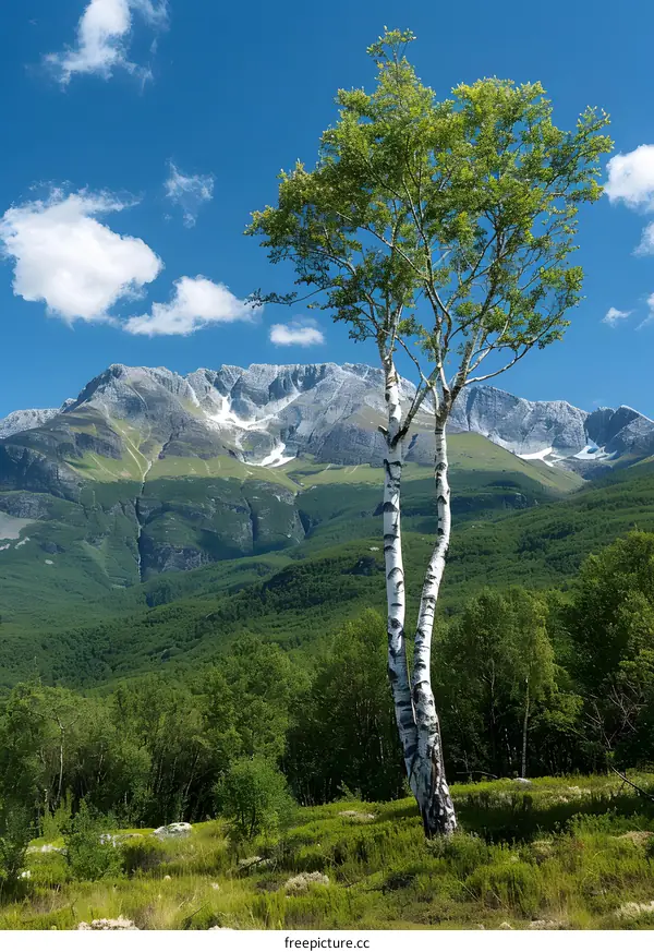 Birch Tree Standing Tall in Front of Mountain Range
