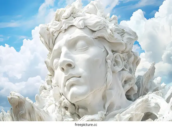 Close Up of White Marble Sculpture of a Face Against a Blue Sky with Clouds