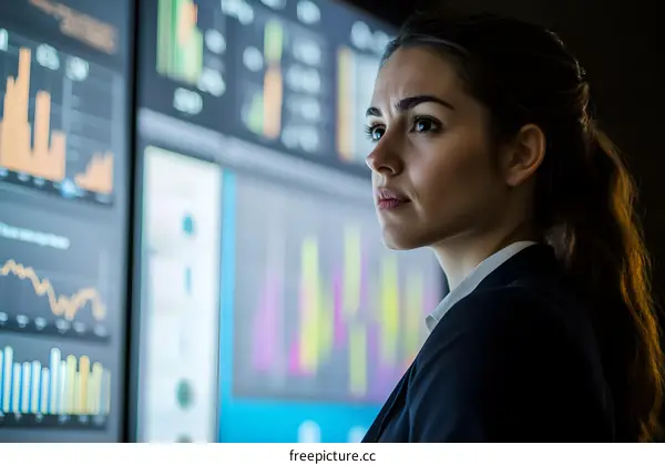 Businesswoman Looking at Data on Screen