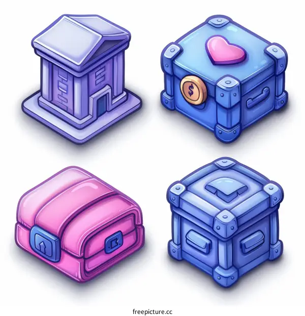 isometric colorful chests and bank