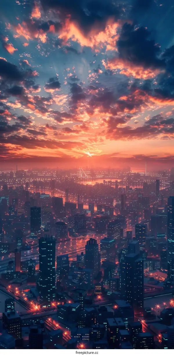 Futuristic Cityscape with Sunset Sky