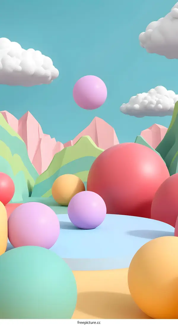 Abstract 3D Render of Colorful Spheres and Mountains