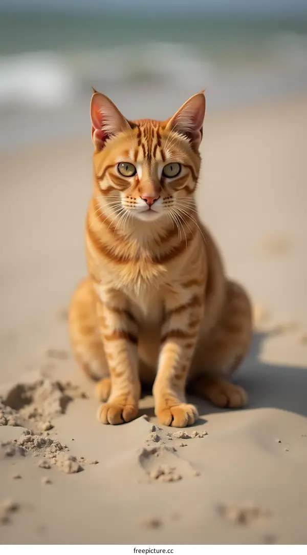 Orange Tabby Cat Sitting on the Beach