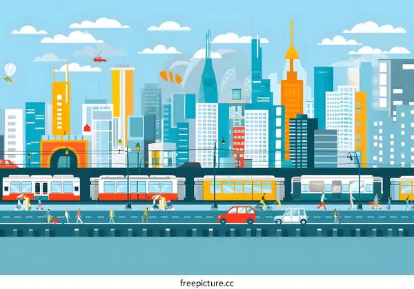 Urban City Skyline with People and Transportation