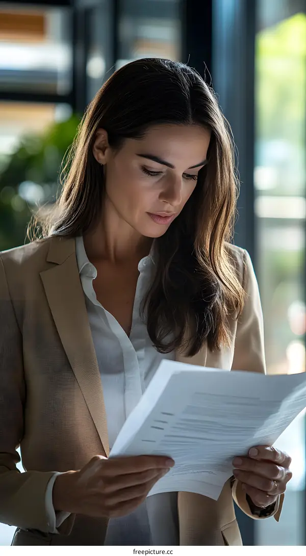 Woman in a Blazer Reading Documents