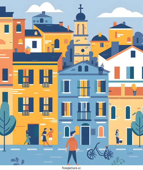 Colorful Buildings Illustration Of European Town