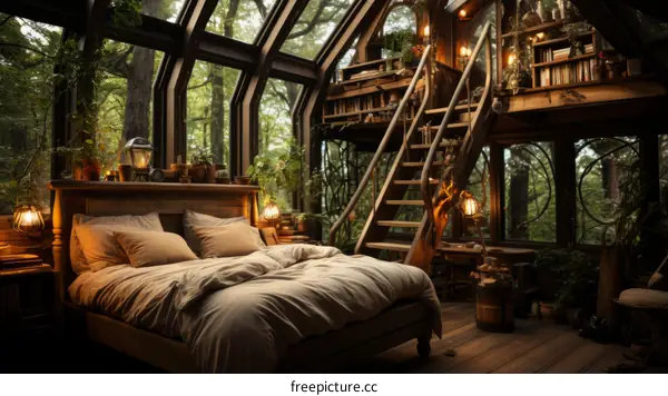 A cozy bedroom in a treehouse with a view of the forest