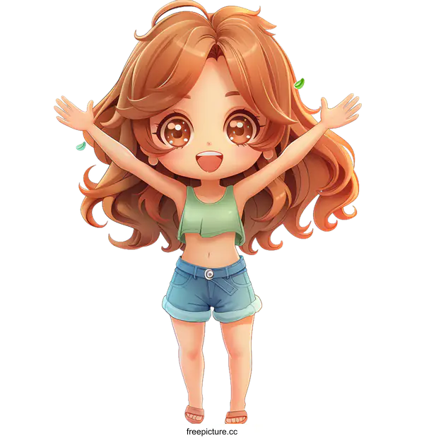 [Transparent Background PNG]A cute anime girl with long brown hair and brown eyes wearing a green crop top and blue jean shorts.