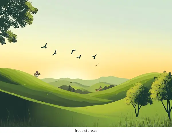 Green Hills Landscape With Birds Flying