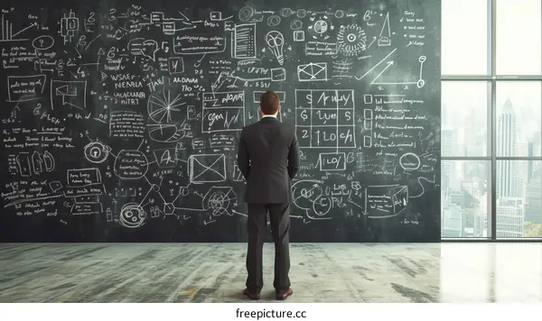 Businessman looking at a blackboard full of business strategy.