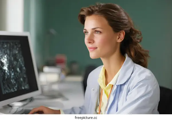 Female Doctor Examining Medical Image on Computer