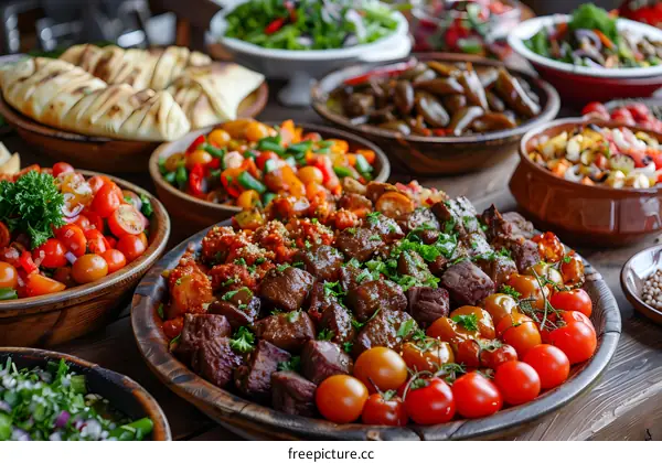 Delicious Middle Eastern Food Platter with Meat and Vegetables