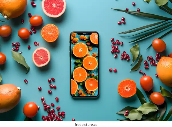 Orange Slices On Phone Screen With Fruit
