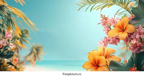 Tropical Flowers and Palm Leaves with Blurred Beach Background