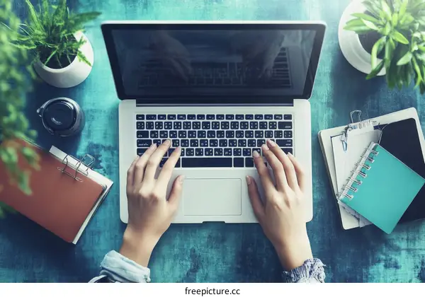 Woman Working on Laptop at Desk Top View