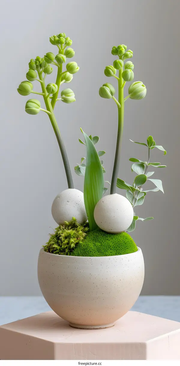 Minimalist Green Plant Arrangement with White Stones in a Ceramic Pot